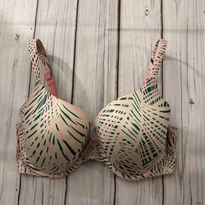 Victoria's Secret Perfect Coverage Bra 34D Pink Green Tropical Print T Shirt Bra
